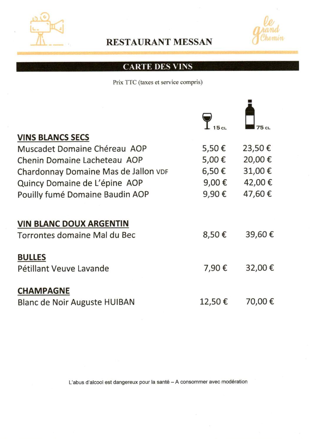 Carte vin Blancs